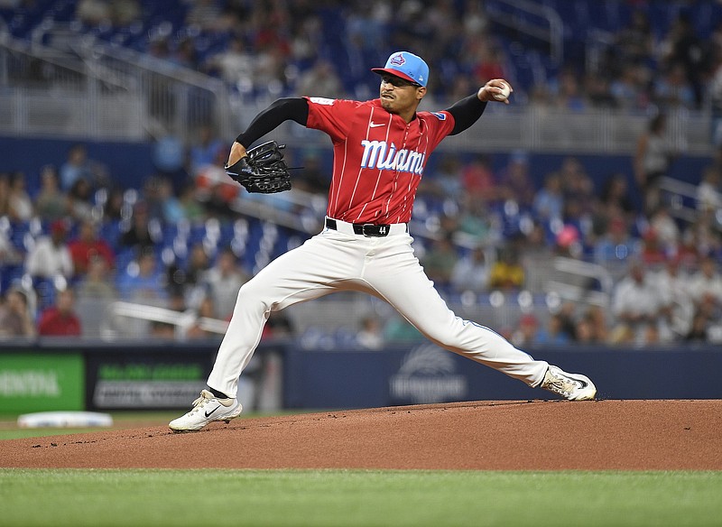 May 11, 2024; Miami, Florida, USA;  Miami Marlins starting pitcher Jesus Luzardo throws against the Philadelphia Phillies during the first inning at loanDepot Park. Mandatory Credit: Michael Laughlin-USA TODAY Sports