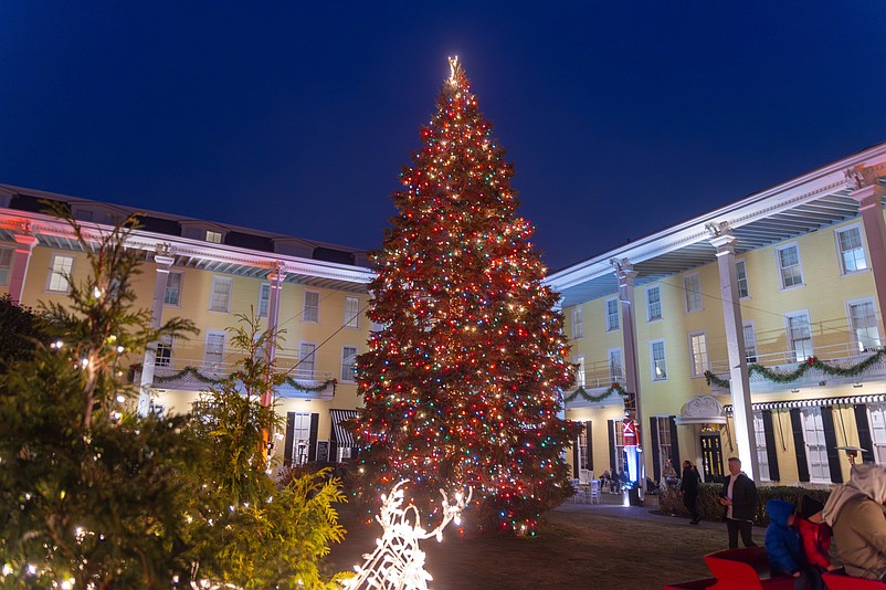 Shown in 2024, a towering Christmas tree at Congress Hall is one of the many beautiful holiday decorations in Cape May. (Photo by James Short)