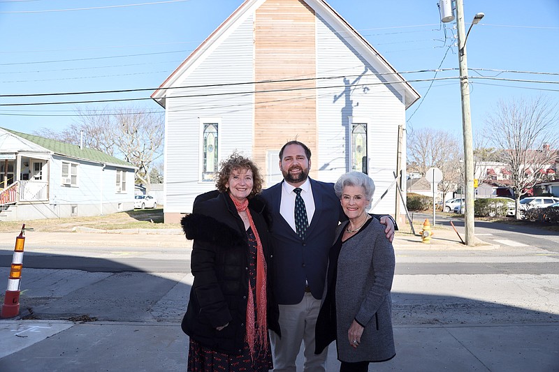 Provided/From left, East Lynne Theater Company Co-President Susan Tischler, Cape May Mayor Zachary Mullock and Christina Clemans outside the historic Allen AME Church, which will be repurposed as the Clemans Theater at the Allen AME Church in the near future.