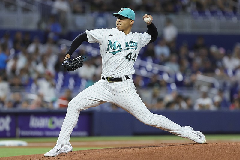 Aug 11, 2023; Miami, Florida, USA; Miami Marlins starting pitcher Jesus Luzardo (44) delivers a pitch against the New York Yankees during the first inning at loanDepot Park. Mandatory Credit: Sam Navarro-USA TODAY Sports