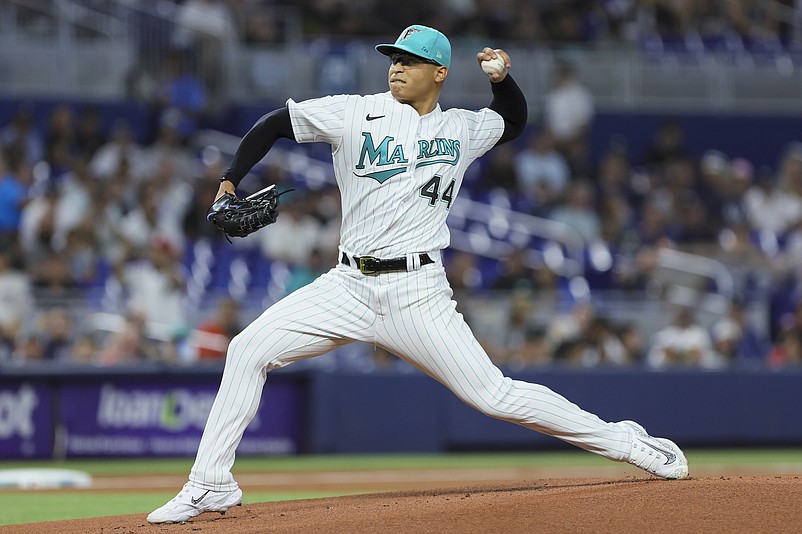 Aug 11, 2023; Miami, Florida, USA; Miami Marlins starting pitcher Jesus Luzardo (44) delivers a pitch against the New York Yankees during the first inning at loanDepot Park. Mandatory Credit: Sam Navarro-USA TODAY Sports