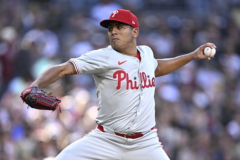 Apr 27, 2024; San Diego, California, USA; Philadelphia Phillies starting pitcher Ranger Suarez (55) throws a pitch against the San Diego Padres during the third inning at Petco Park. Mandatory Credit: Orlando Ramirez-USA TODAY Sports