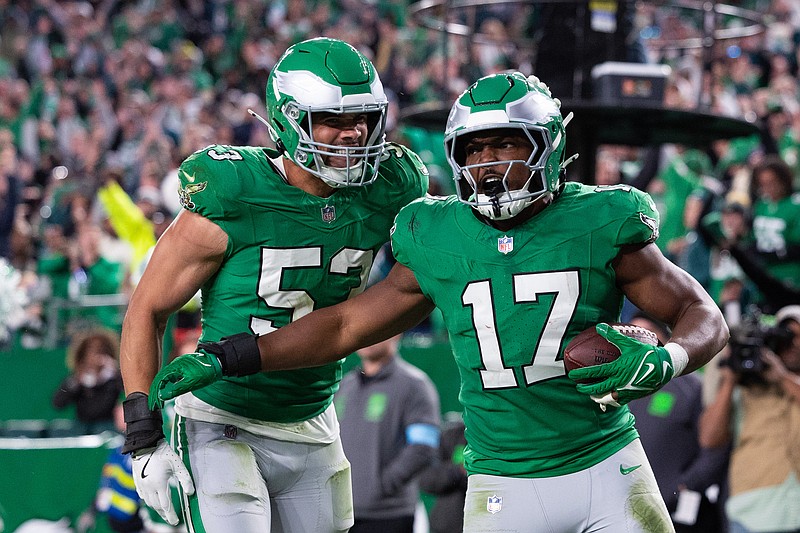 Nov 3, 2024; Philadelphia, Pennsylvania, USA; Philadelphia Eagles linebacker Nakobe Dean (17) reacts to his interception with linebacker Zack Baun (53) during the fourth quarter against the Jacksonville Jaguars at Lincoln Financial Field. Mandatory Credit: Bill Streicher-Imagn Images