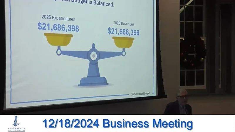 Lansdale borough manager John Ernst, at podium, discusses the town’s proposed 2025 budget during the council meeting on Dec. 18, 2024. (Credit: Meeting video screenshot)