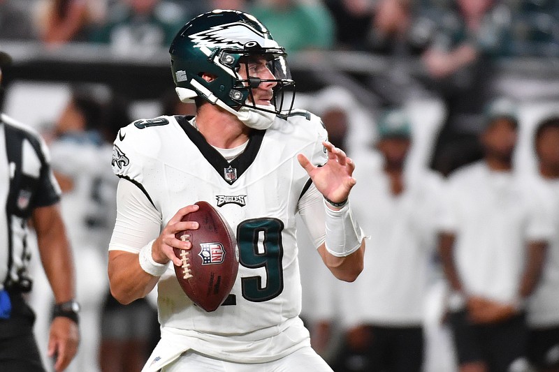 Aug 24, 2023; Philadelphia, Pennsylvania, USA; Philadelphia Eagles quarterback Ian Book (19) against the Indianapolis Colts at Lincoln Financial Field. Mandatory Credit: Eric Hartline-USA TODAY Sports