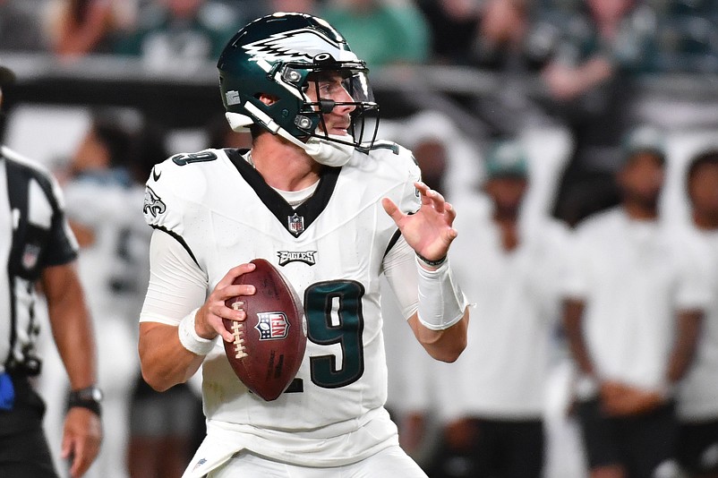 Aug 24, 2023; Philadelphia, Pennsylvania, USA; Philadelphia Eagles quarterback Ian Book (19) against the Indianapolis Colts at Lincoln Financial Field. Mandatory Credit: Eric Hartline-USA TODAY Sports