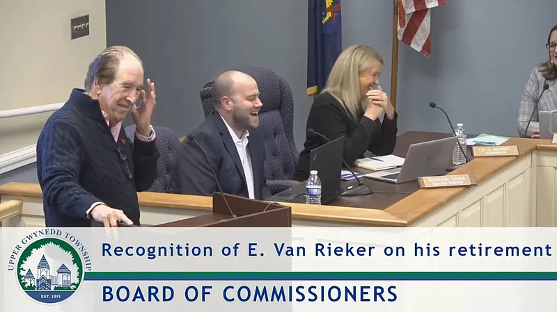 Upper Gwynedd Township officials laugh as they send off longtime planning and zoning officer E. Van Rieker, left, during his final board meeting on Monday, Dec. 9, 2024. (Screenshot of meeting video)