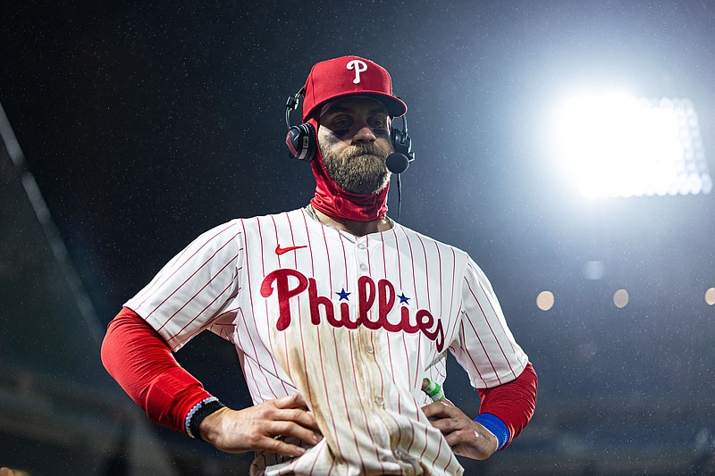 Apr 2, 2024; Philadelphia, Pennsylvania, USA; Philadelphia Phillies first baseman Bryce Harper (3) is interviewed after his three home run game against the Cincinnati Reds at Citizens Bank Park. Mandatory Credit: Bill Streicher-USA TODAY Sports