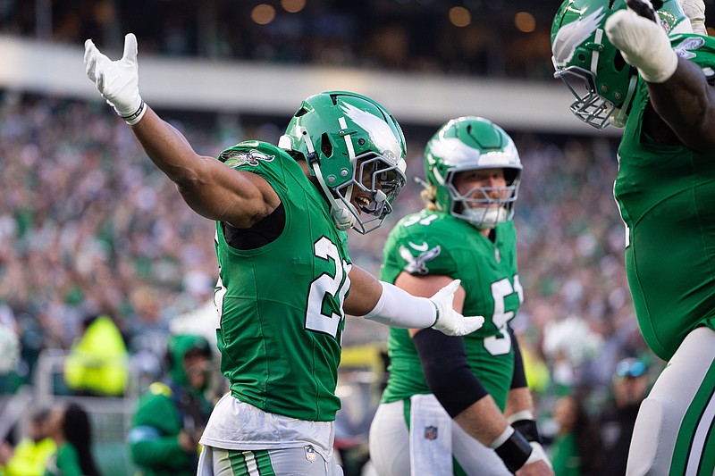 Nov 3, 2024; Philadelphia, Pennsylvania, USA; Philadelphia Eagles running back Saquon Barkley (26) reacts after his touchdown catch against the Jacksonville Jaguars during the first quarter at Lincoln Financial Field. Mandatory Credit: Bill Streicher-Imagn Images