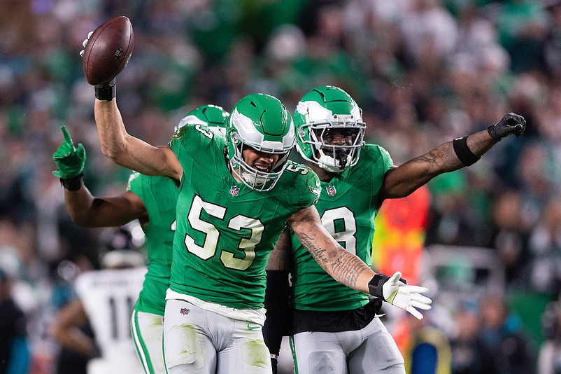 Nov 3, 2024; Philadelphia, Pennsylvania, USA; Philadelphia Eagles linebacker Zack Baun (53)] celebrates with safety C.J. Gardner-Johnson (8) after intercepting a Jacksonville Jaguars pass during the second quarter at Lincoln Financial Field. Mandatory Credit: Bill Streicher-Imagn Images