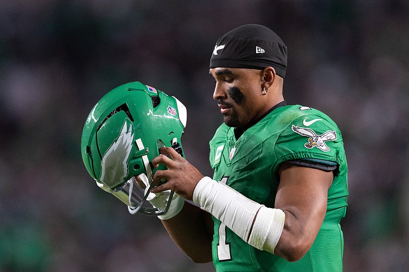 Nov 3, 2024; Philadelphia, Pennsylvania, USA; Philadelphia Eagles quarterback Jalen Hurts (1) in a game against the Jacksonville Jaguars at Lincoln Financial Field. Mandatory Credit: Bill Streicher-Imagn Images