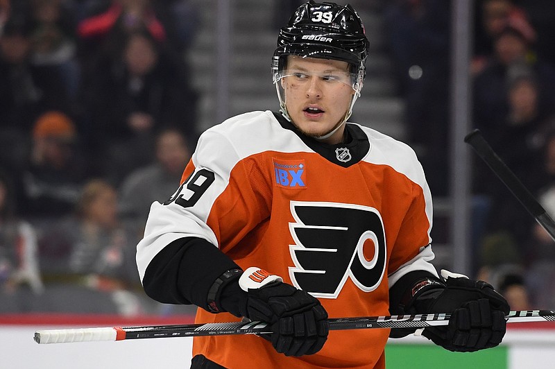 Dec 21, 2024; Philadelphia, Pennsylvania, USA; Philadelphia Flyers right wing Matvei Michkov (39) against the Columbus Blue Jackets at Wells Fargo Center. Mandatory Credit: Eric Hartline-Imagn Images