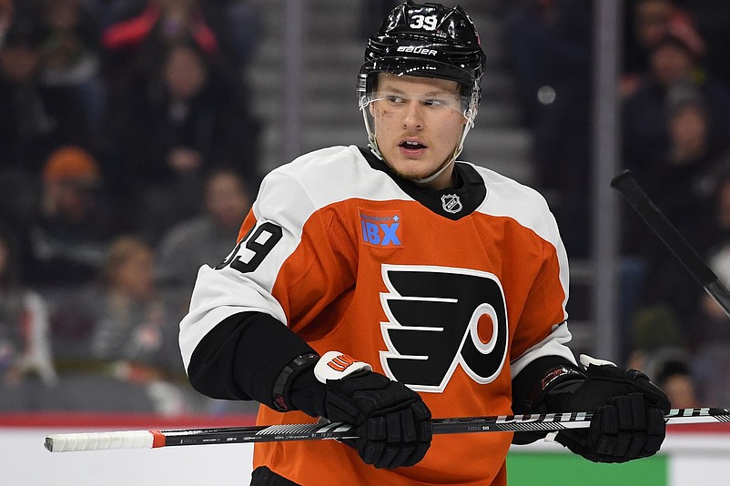 Dec 21, 2024; Philadelphia, Pennsylvania, USA; Philadelphia Flyers right wing Matvei Michkov (39) against the Columbus Blue Jackets at Wells Fargo Center. Mandatory Credit: Eric Hartline-Imagn Images