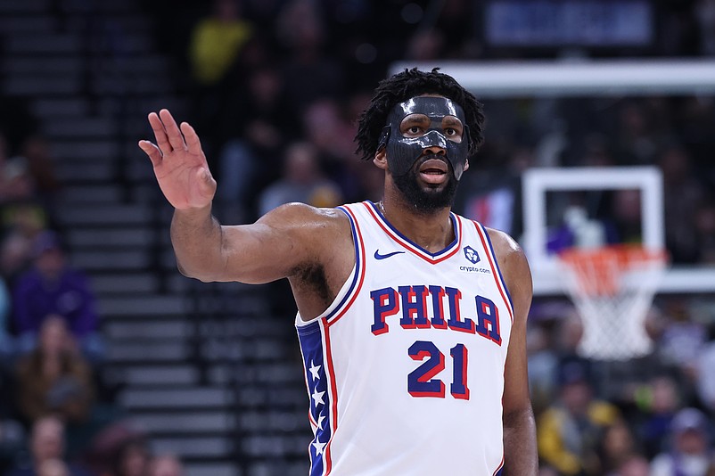 Dec 28, 2024; Salt Lake City, Utah, USA; Philadelphia 76ers center Joel Embiid (21) calls a play against the Utah Jazz during the second quarter at Delta Center. Mandatory Credit: Rob Gray-Imagn Images