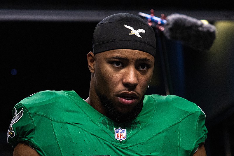 Dec 29, 2024; Philadelphia, Pennsylvania, USA; Philadelphia Eagles running back Saquon Barkley (26) walks from the tunnel for a game against the Dallas Cowboys at Lincoln Financial Field. Mandatory Credit: Bill Streicher-Imagn Images