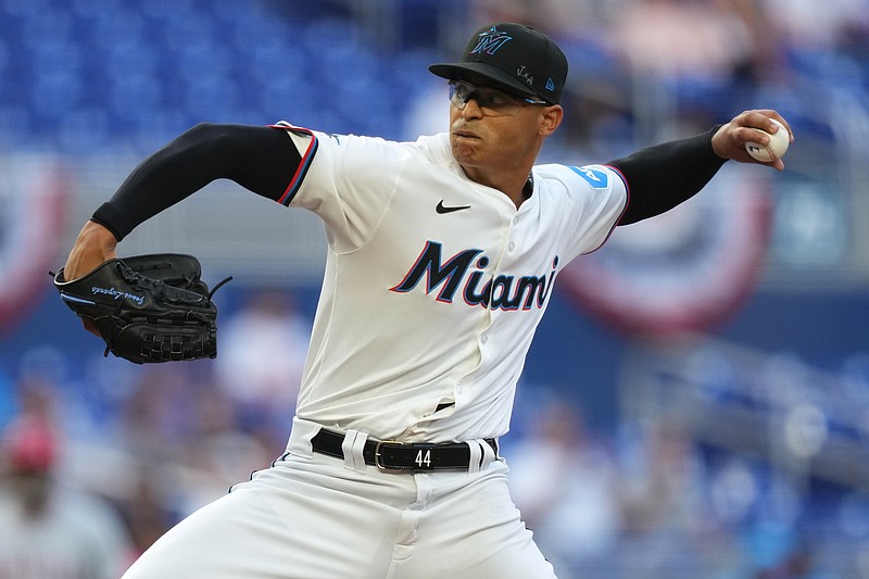 Apr 2, 2024; Miami, Florida, USA; Miami Marlins starting pitcher Jesus Luzardo (44) pitches in the first inning against the Los Angeles Angels at loanDepot Park. Mandatory Credit: Jim Rassol-USA TODAY Sports