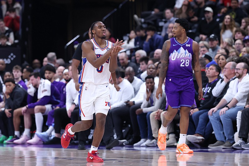 Dec 28, 2024; Salt Lake City, Utah, USA; Philadelphia 76ers guard Tyrese Maxey (0) celebrates a three point shot over the Utah Jazz during the fourth quarter at Delta Center. Mandatory Credit: Rob Gray-Imagn Images