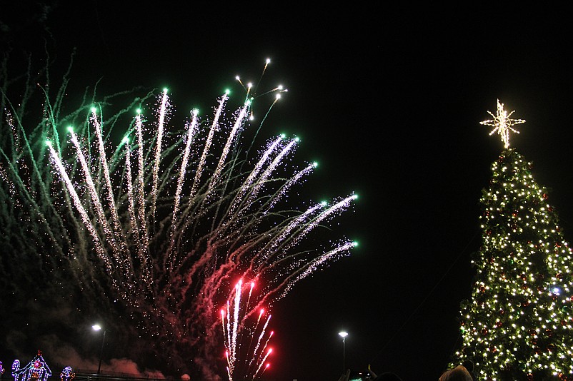 Sea Isle City's 30-foot-tall Christmas tree in Excursion Park provides a festive backdrop for the colorful fireworks.