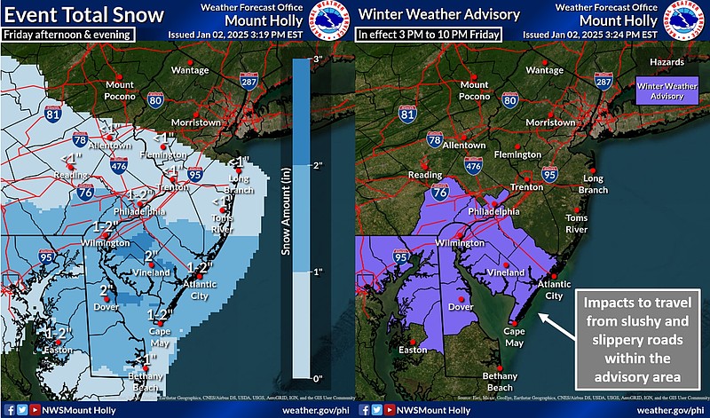 Coastal areas of Atlantic and Cape May counties are included in the South Jersey snow zone. (Courtesy of National Weather Service)