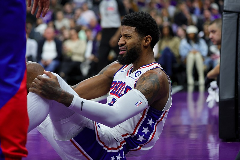 Jan 1, 2025; Sacramento, California, USA; Philadelphia 76ers forward Paul George (8) reacts after a play during the second quarter against the Sacramento Kings at Golden 1 Center. Mandatory Credit: Sergio Estrada-Imagn Images