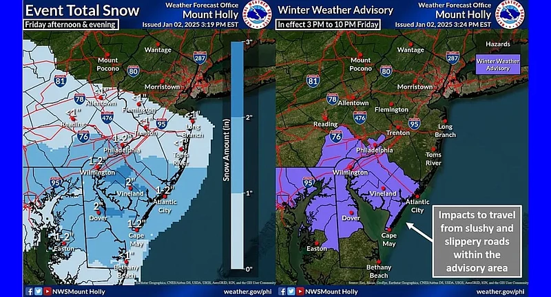 Snow is predicted to start in the afternoon Friday in southeastern Pennsylvania and New Jersey. (Credit: National Weather Service)