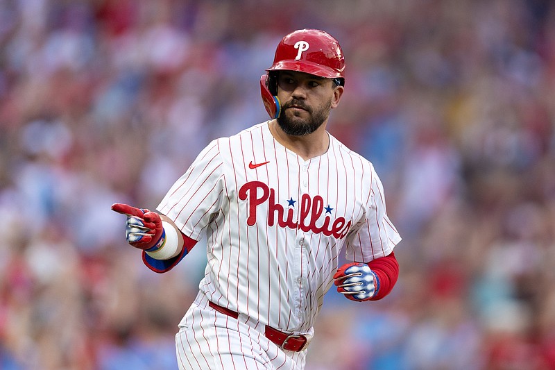 Jul 27, 2024; Philadelphia, Pennsylvania, USA;  Philadelphia Phillies designated hitter Kyle Schwarber (12) reacts after hitting a two RBI home run during the fourth inning against the Cleveland Guardians at Citizens Bank Park. Mandatory Credit: Bill Streicher-USA TODAY Sports