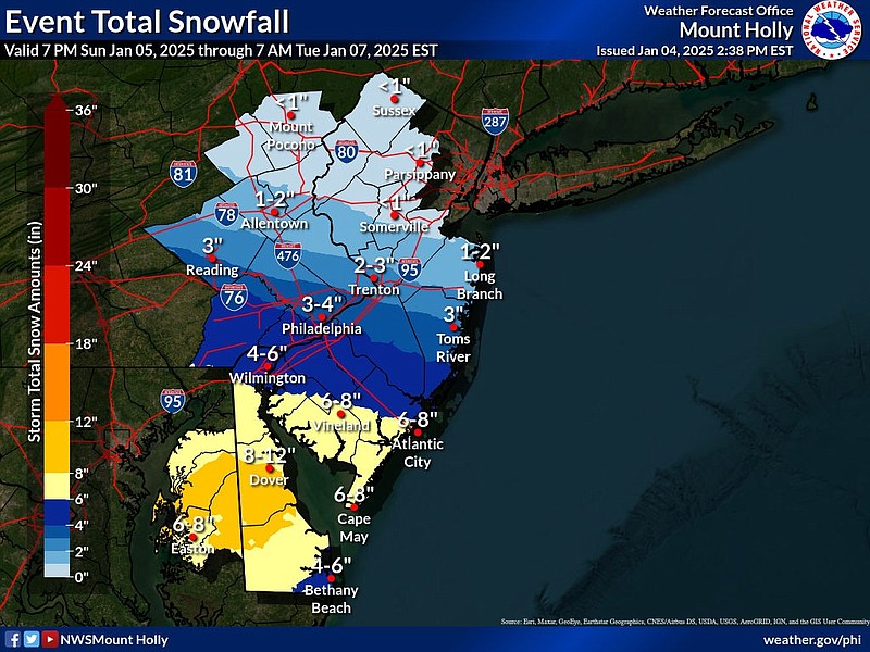 Snowfall totals will amount to several inches at the shore and other parts of South Jersey. (Courtesy of National Weather Service)