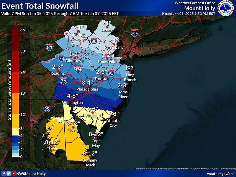 The latest forecast by the National Weather Service calls for 6 to 12 inches of snow in Cape May County.