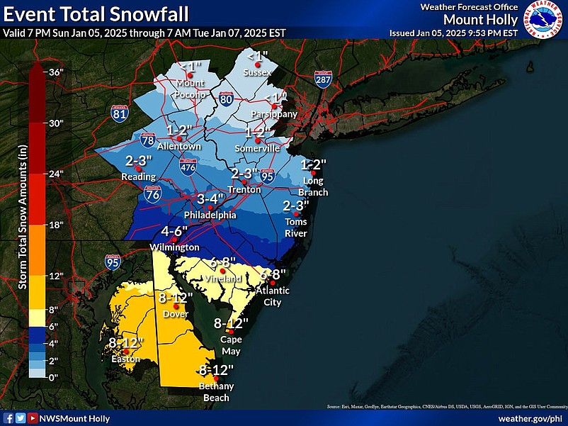 The latest forecast by the National Weather Service calls for 6 to 12 inches of snow in Cape May County.