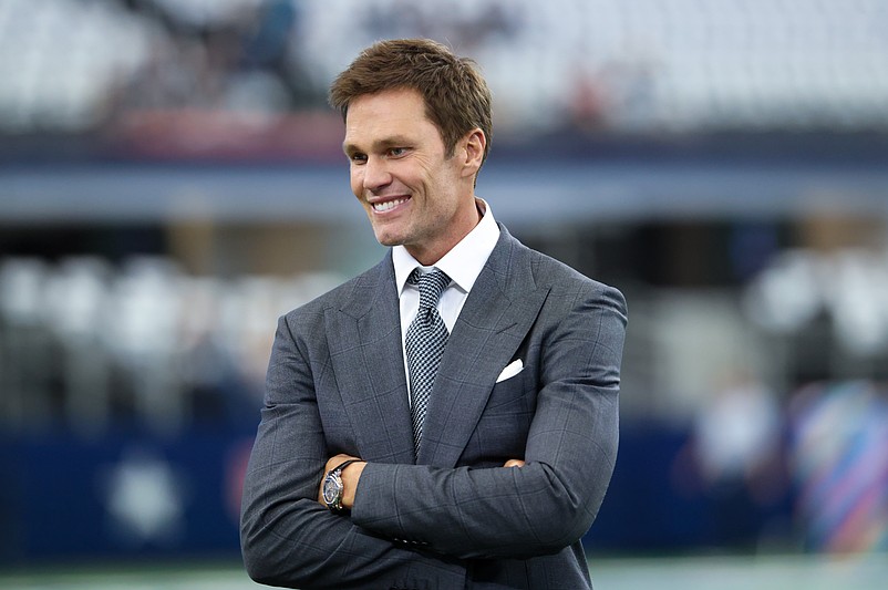 Oct 13, 2024; Arlington, Texas, USA; Fox Sports  broadcaster Tom Brady before the game between the Dallas Cowboys and Detroit Lions at AT&T Stadium. Mandatory Credit: Kevin Jairaj-Imagn Images