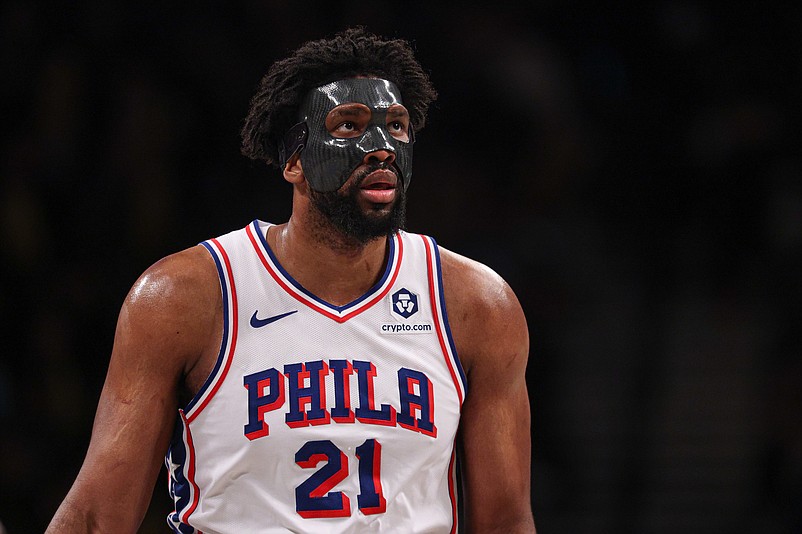 Jan 4, 2025; Brooklyn, New York, USA; Philadelphia 76ers center Joel Embiid (21) looks up during the second half against the Brooklyn Nets at Barclays Center. Mandatory Credit: Vincent Carchietta-Imagn Images