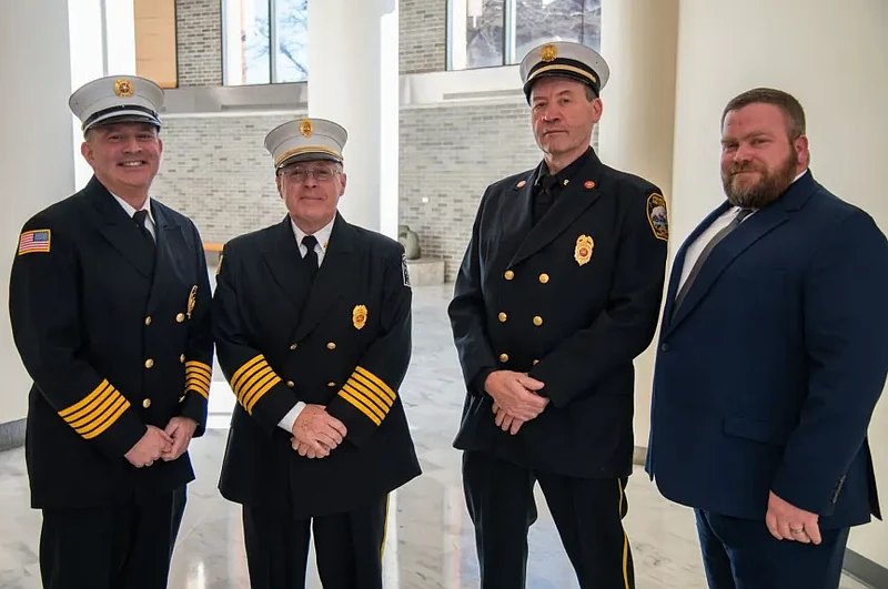 From left, Chief Adam Selisker, Northampton Township Fire Department; Chief Scott Fleischer, Point Pleasant Fire Company; Chief Tim Brewer, Upper Makefield Fire Company; Interim Director of Bucks County Emergency Management George Wilson. (Credit: Bucks County)