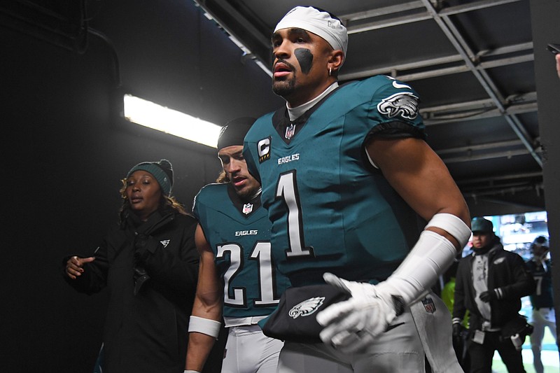 Dec 15, 2024; Philadelphia, Pennsylvania, USA; Philadelphia Eagles quarterback Jalen Hurts (1) in the tunnel against the Pittsburgh Steelers at Lincoln Financial Field. Mandatory Credit: Eric Hartline-Imagn Images