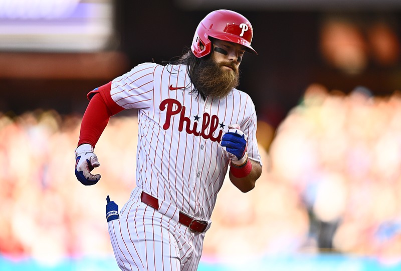 Apr 20, 2024; Philadelphia, Pennsylvania, USA; Philadelphia Phillies outfielder Brandon Marsh (16) rounds the bases after hitting a two-run home run against the Chicago White Sox in the second inning at Citizens Bank Park. Mandatory Credit: Kyle Ross-USA TODAY Sports