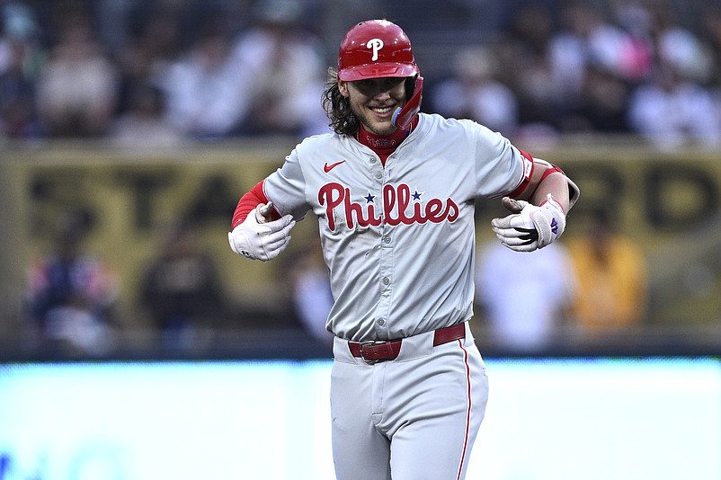 Apr 26, 2024; San Diego, California, USA; Philadelphia Phillies third baseman Alec Bohm (28) celebrates after hitting a double against the San Diego Padres during the first inning at Petco Park. Mandatory Credit: Orlando Ramirez-USA TODAY Sports