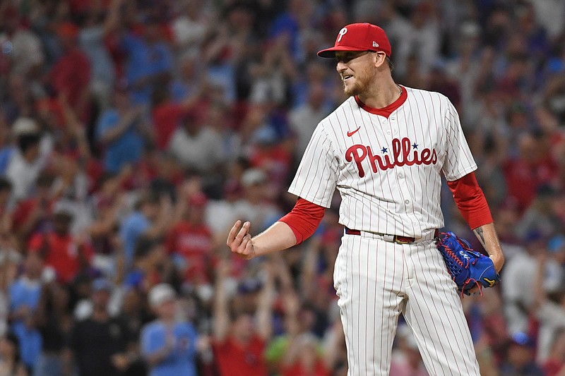 Jul 10, 2024; Philadelphia, Pennsylvania, USA; Philadelphia Phillies pitcher Jeff Hoffman (23) celebrates final out against the Los Angeles Dodgers at Citizens Bank Park. Mandatory Credit: Eric Hartline-USA TODAY Sports