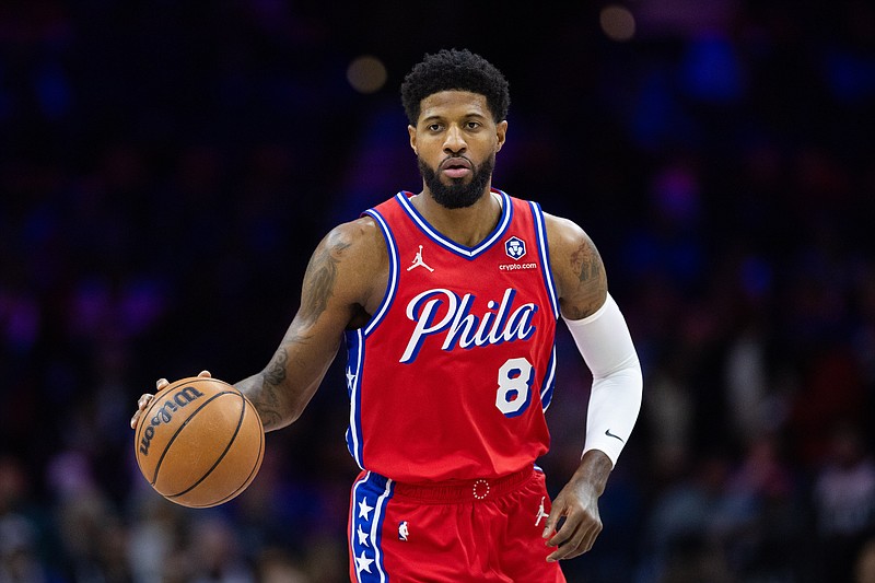 Jan 10, 2025; Philadelphia, Pennsylvania, USA; Philadelphia 76ers forward Paul George (8) dribbles the ball against the New Orleans Pelicans during the first quarter at Wells Fargo Center. Mandatory Credit: Bill Streicher-Imagn Images