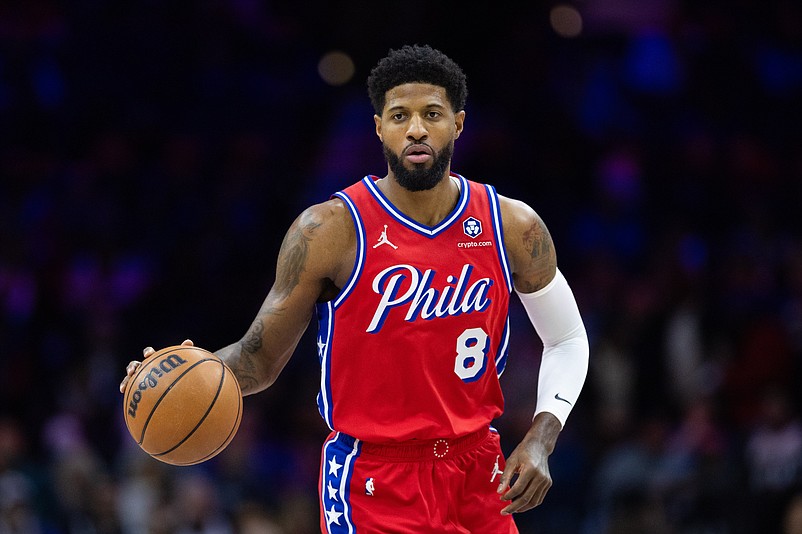 Jan 10, 2025; Philadelphia, Pennsylvania, USA; Philadelphia 76ers forward Paul George (8) dribbles the ball against the New Orleans Pelicans during the first quarter at Wells Fargo Center. Mandatory Credit: Bill Streicher-Imagn Images