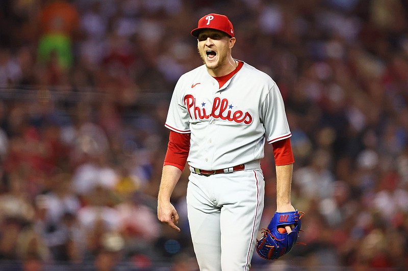 Oct 20, 2023; Phoenix, Arizona, USA; Philadelphia Phillies relief pitcher Jeff Hoffman (68) reacts after the final out of the fourth inning against the Arizona Diamondbacks in game four of the NLCS for the 2023 MLB playoffs at Chase Field. Mandatory Credit: Mark J. Rebilas-USA TODAY Sports