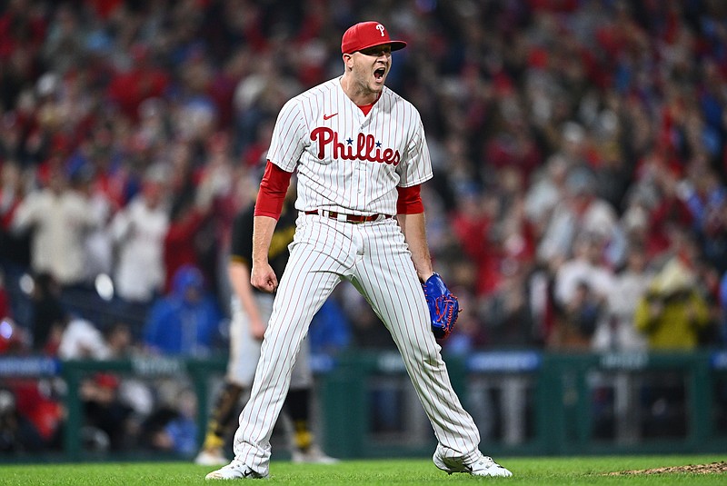 Sep 26, 2023; Philadelphia, Pennsylvania, USA; Philadelphia Phillies relief pitcher Jeff Hoffman (68) reacts after a strikeout against the Pittsburgh Pirates in the tenth inning at Citizens Bank Park. Mandatory Credit: Kyle Ross-USA TODAY Sports