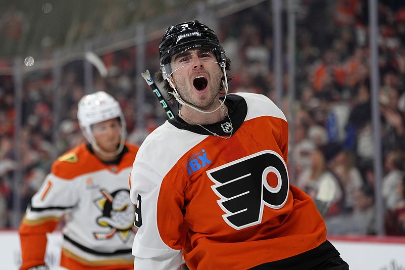 Jan 11, 2025; Philadelphia, Pennsylvania, USA; Philadelphia Flyers defenseman Jamie Drysdale (9) reacts after scoring a goal against the Anaheim Ducks in the first period at Wells Fargo Center. Mandatory Credit: Kyle Ross-Imagn Images