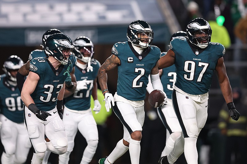 Jan 12, 2025; Philadelphia, Pennsylvania, USA; Philadelphia Eagles cornerback Darius Slay Jr. (2) reacts after an interception against the Green Bay Packers during the first half in an NFC wild card game at Lincoln Financial Field. Mandatory Credit: Bill Streicher-Imagn Images