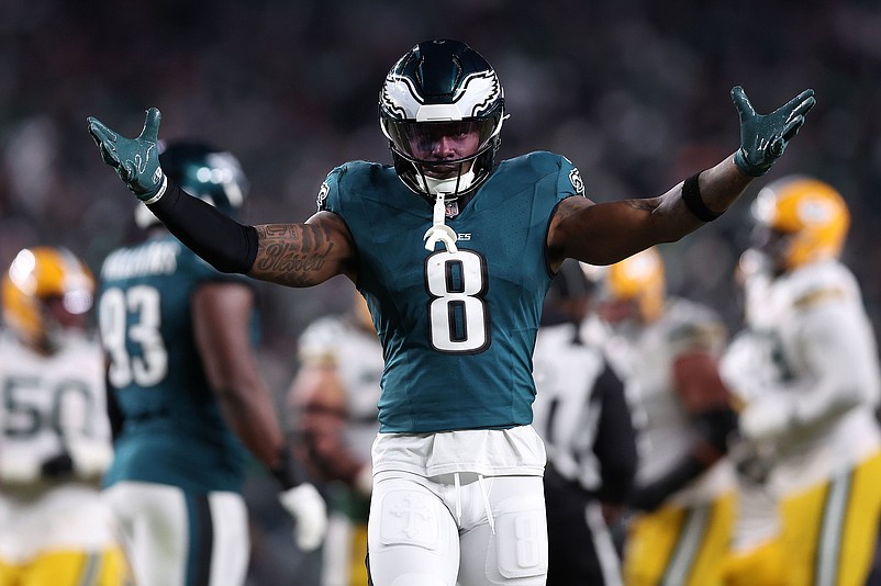 Jan 12, 2025; Philadelphia, Pennsylvania, USA; Philadelphia Eagles safety C.J. Gardner-Johnson (8) reacts against the Green Bay Packers during the first half in an NFC wild card game at Lincoln Financial Field. Mandatory Credit: Bill Streicher-Imagn Images