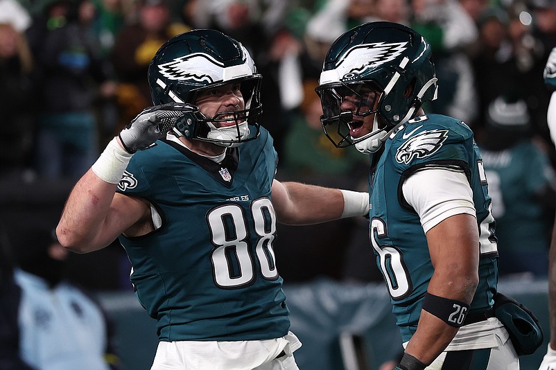 Jan 12, 2025; Philadelphia, Pennsylvania, USA; Philadelphia Eagles tight end Dallas Goedert (88) reacts after scoring a touchdown against the Green Bay Packers during the third quarter in an NFC wild card game at Lincoln Financial Field. Mandatory Credit: Bill Streicher-Imagn Images