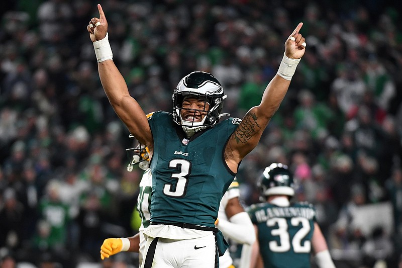 Jan 12, 2025; Philadelphia, Pennsylvania, USA; Philadelphia Eagles linebacker Nolan Smith Jr. (3) reacts against the Green Bay Packers during the second half in an NFC wild card game at Lincoln Financial Field. Mandatory Credit: Eric Hartline-Imagn Images