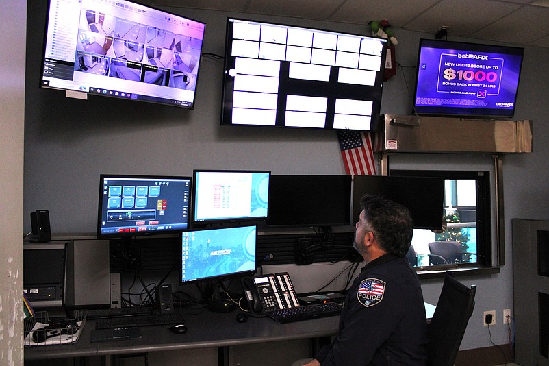 Sea Isle City Police Chief Anthony Garreffi looks at the video images livestreamed to the police department from surveillance cameras around town.