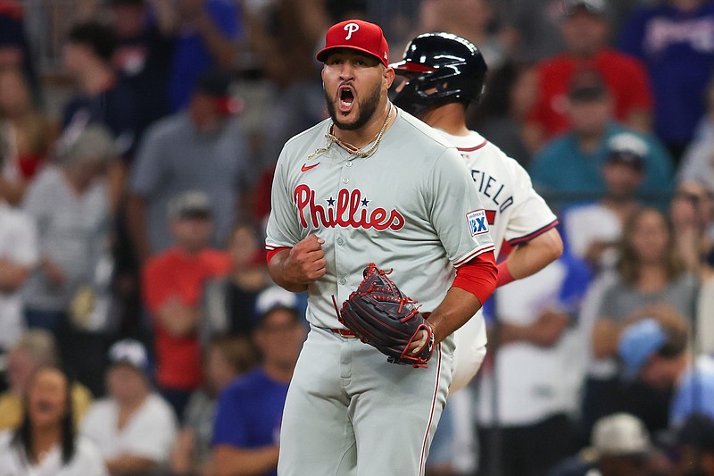 Aug 21, 2024; Atlanta, Georgia, USA; Philadelphia Phillies relief pitcher Carlos Estevez (53) reacts after a victory over the Atlanta Braves at Truist Park. Mandatory Credit: Brett Davis-USA TODAY Sports