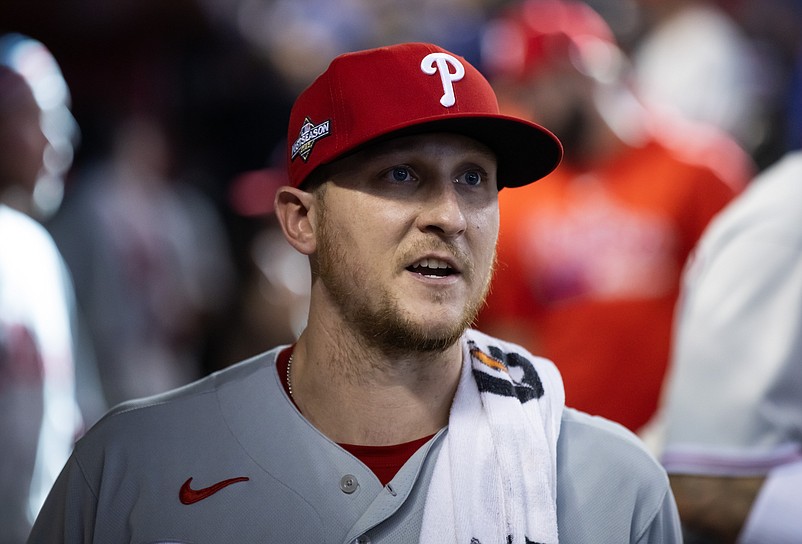 Oct 19, 2023; Phoenix, Arizona, USA; Philadelphia Phillies pitcher Jeff Hoffman during game three of the NLCS for the 2023 MLB playoffs against the Arizona Diamondbacks at Chase Field. Mandatory Credit: Mark J. Rebilas-USA TODAY Sports