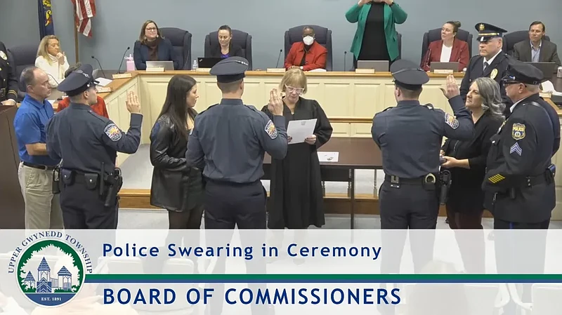 New Upper Gwynedd police officers Chase Koffel, James Coughlin and Raymond DelGiudice received their oaths from district Judge Suzan Leonard during the township commissioners meeting on Monday, Jan. 13, 2025. (Credit: Upper Gwynedd Township)