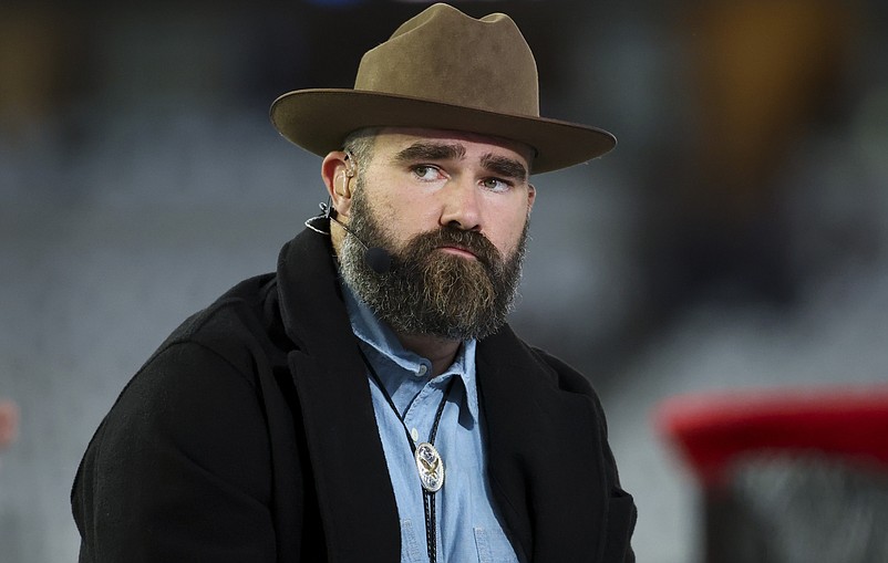 Nov 18, 2024; Arlington, Texas, USA;  ESPN personality and former Philadelphia Eagles center Jason Kelce on set before the game between the Dallas Cowboys and Houston Texans at AT&T Stadium. Mandatory Credit: Kevin Jairaj-Imagn Images